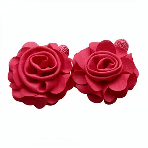 Elegant large red chiffon rose earrings with detailed handcrafted fabric flower petals
