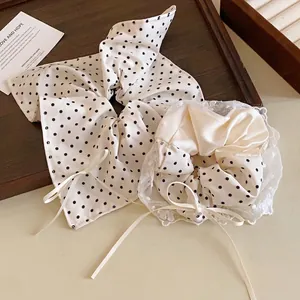 Eleganti elastici per capelli crema a pois stile francese con fiocco per acconciature