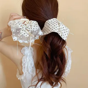 Dettaglio di elastico per capelli a pois stile francese con pizzo e fiocco di nastro