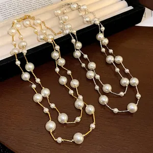 Collar de Perlas de Vidrio Artificial Redondas Retro Cadena de Suéter Larga de Doble Capa para Mujer Joyería de Cobre Chapado en Oro Plata Regalo