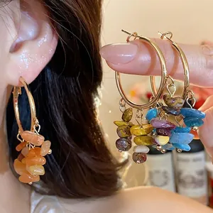 Bohemian Irregular Natural Stone Tassel Hoop Earrings For Women Ethnic Style Handcrafted Alloy Jewelry With 925 Sterling Silver Post