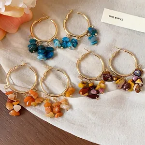 Ethnic style hoop earrings with irregular colorful stone tassels and silver needles