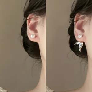 Elegant silver needle mermaid tail pearl earrings with blue heart zircon in 2-in-1 style