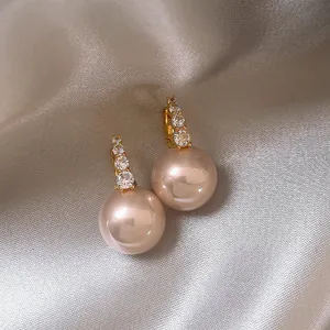 French Vintage Pink Artificial Pearl Rhinestone Stud Earrings Elegant Light Luxury Alloy Gold Plated Ear Hoops For Women Banquet Jewelry