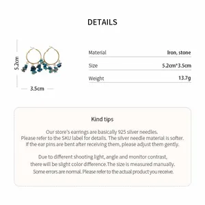 Detailed size and material specification chart for irregular blue stone tassel earrings