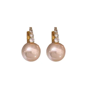 Elegant French style pink pearl drop earrings with sparkling CZ stones on gold hoops