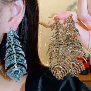 Vintage Elegant Alloy Feather Shape Drop Earrings With Silver Earring Post Inlaid Multi Color Rhinestone For Women Party Jewelry