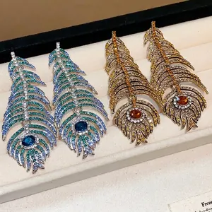 Luxury vintage style rhinestone peacock feather dangle earrings for women jewelry gift