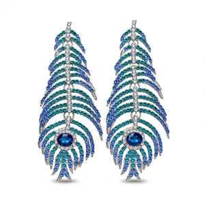 Exquisite silver needle feather earrings with sparkling blue and teal rhinestones
