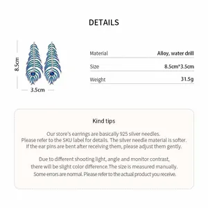 Detail showing peacock feather earrings with 925 silver needles and size specs