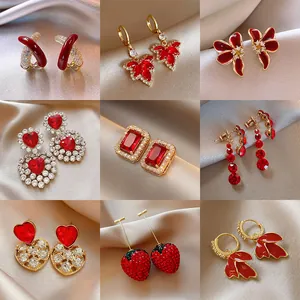 Red Rhinestone Maple Leaf Geometric Stud Earrings For Women New Year Fashion Jewelry With 925 Sterling Silver Earring Post Gold Copper Earrings