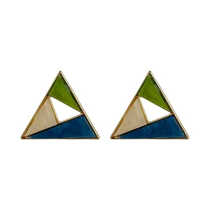 Retro geometric triangle stud earrings with multi-color marble resin and silver needle.