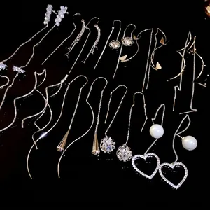 Elegant silver long tassel ear threads with rhinestone heart and pearl charms set
