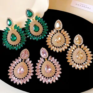 Luxury Alloy Rhinestone Flower Drop Earrings With Silver Earring Post Exaggerated Water Drop Round Party Jewelry For Women