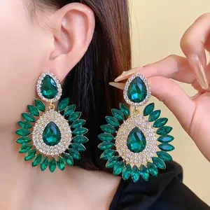 Large emerald green crystal floral drop earrings with sparkling rhinestone accents for women