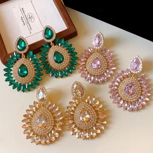 Elegant oversized crystal flower drop earrings with colorful waterdrop rhinestones for women