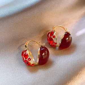 Elegant red rhinestone and burgundy cabochon geometric hoop earrings for winter fashion