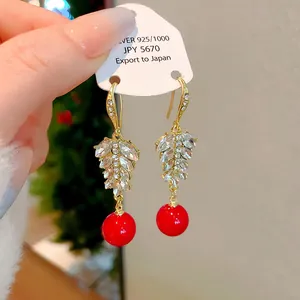 Luxury red drop earrings with crystal leaf design for holiday and festive occasions