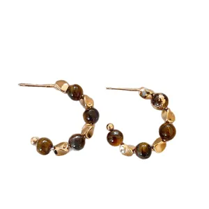 Vintage tiger eye beaded C-shaped hoop earrings with gold plated accents for women