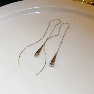 Elegant silver waterdrop threader earrings with a polished long dangle tassel design