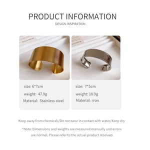 Detailed product information for stainless steel and iron wide cuff bracelets with sizes