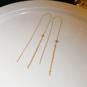 Detailed macro view of elegant gold-toned star-shaped long tassel threader earrings