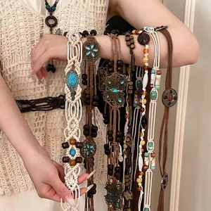 Handmade Bohemian Woven Waist Chain For Women Vintage Wood Bead Shell Turquoise Decorative Belt For Dresses Ethnic Style Accessory