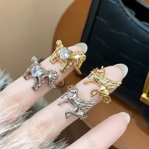 Light luxury zircon horse and Pegasus open rings in gold and silver finishes for women