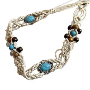 Bohemian macrame waist chain with turquoise stones and wooden beads for dresses.