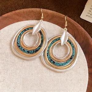Retro bohemian multi-layer irregular round drop earrings with turquoise accents