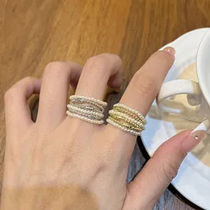 Luxus 18K Vergoldet Mehrlagig Künstliche Perle Offener Ring Für Damen Minimalistisch Verstellbar Stapelbar Legierung Schmuck Fingerring