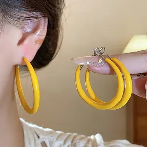 Yellow Enamel Circle Hoop Earrings With 925 Sterling Silver Earring Post Round Geometric Fashion Jewelry For Women Minimalist