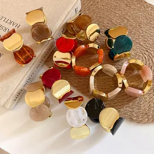 Bracciale Elastico Patchwork Tondo in Acrilico Donna Gioielli di Moda Europei Grandi Oro Motivo Marmo Braccialetto a Catena