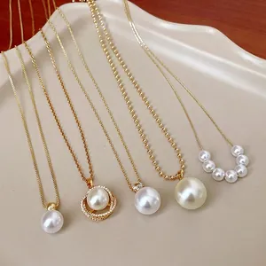 Collana con Ciondolo in Rame Placcato Oro Vintage Francese Per Donna Intarsiata in Zirconia Perla Artificiale Gioielli Regalo