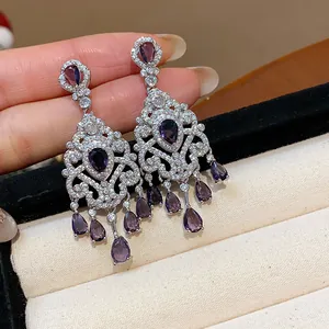 Orecchini a nappa in zircone viola in stile vintage di corte con ago d'argento