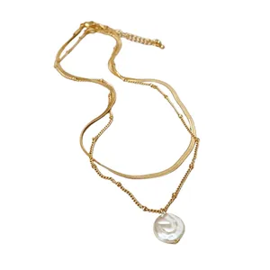 Collana a doppio strato in oro stile francese con ciondolo a perla piatta