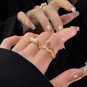 Anello Aperto Regolabile Placcato Oro Con Pietra Occhio di Gatto Strass Perla Artificiale Elegante Gioielli a Onde Donna Regalo