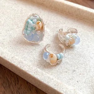 French Vintage Shell Conch Beaded Ring Sweet Fresh Alloy Artificial Pearl Adjustable Index Finger Ring Ocean Vacation Jewelry Women