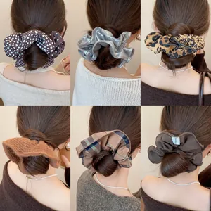 Retro Oversized Pleated Fabric Scrunchies Women Vintage Grid Leopard Polka Dot Hair Ties Fashion Ponytail Holder