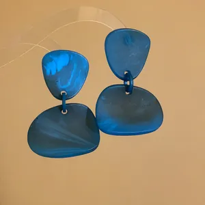 Handcrafted blue marbled resin geometric drop earrings with irregular retro design for women