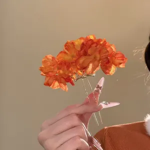 Vintage fabric flower hair fork with orange layered petals for women's hair accessories
