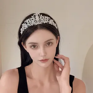 Elegant silver rhinestone floral crown tiara headband for birthday parties and weddings