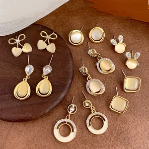 Vintage Alloy Cat Eye Stone Stud Earrings For Women With 925 Sterling Silver Earring Post Rhinestone Drop Earrings Jewelry