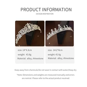 Detailed view of elegant rhinestone tiaras with silver alloy finish and size info.