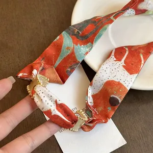 Ethnic style floral print silk scarf bracelet with hollow gold metal clasp for women.