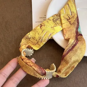 Retro ethnic style matte printed silk scarf cuff bracelet with beaded edges