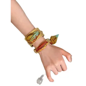 Ethnic retro matte gold hollow bracelet set with artistic oil painting printed silk scarf