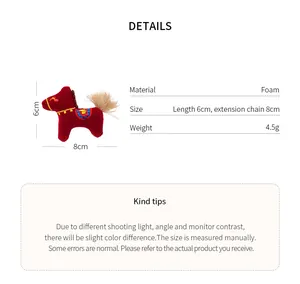 Détails du produit montrant une broche cheval en tricot rouge avec spécifications.