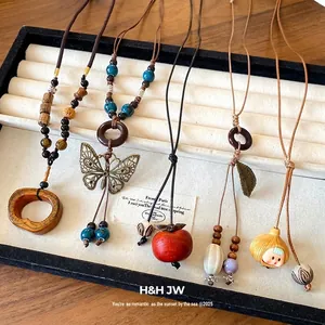 Ethnic Bohemian Ceramic Wood Oval Pendant Necklace Vintage Handmade Leaf Butterfly Clavicle Chain For Women Jewelry