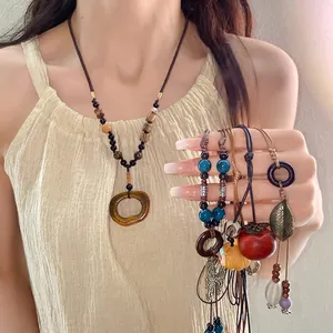 Bohemian ethnic ceramic oval necklace with handmade beads for women's retro style